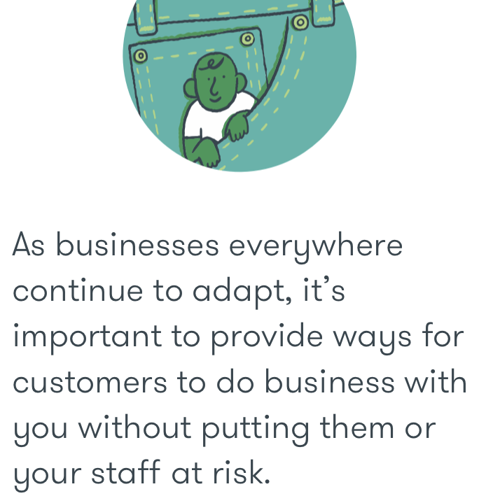 Screenshot of the app Google Primer. Illustration of a character peeking out from a person's jeans' pocket. Text reads 'As businesses everywhere continue to adapt, it's important to provide ways for customers to do business with you without putting them or your staff at risk.'